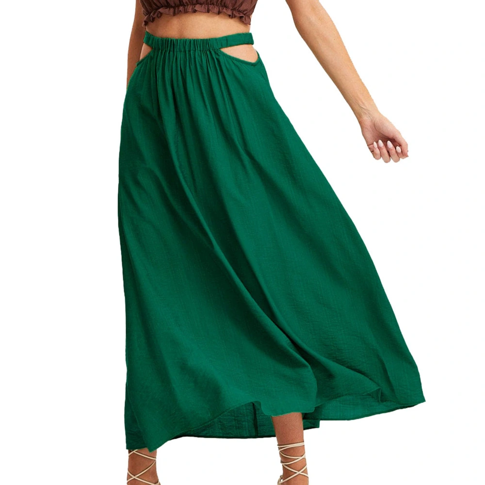 Women Skirt High Waist Side Hollow Out Pure Color Casual Long Style Flowy Hemline A Line Skirt for Party Shopping Dark Green M