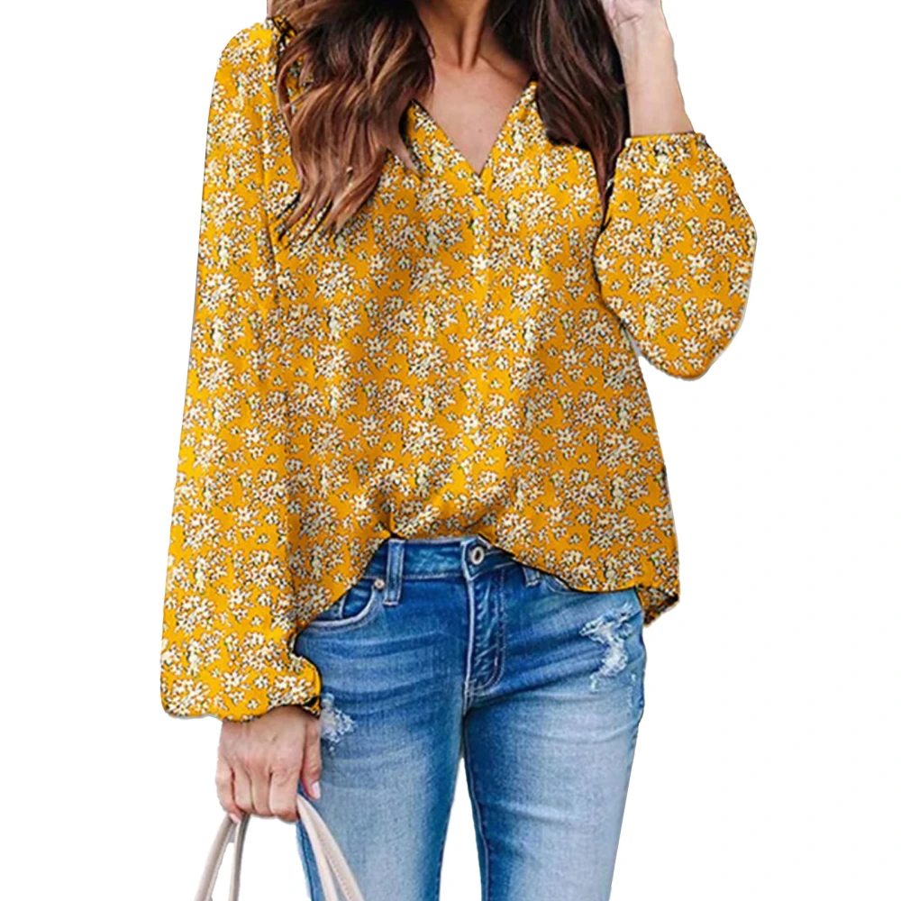 Women Casual Print V Neck Shirt Loose Printed Pullover Blouse Long Sleeve All Match Blouse Yellow XXL