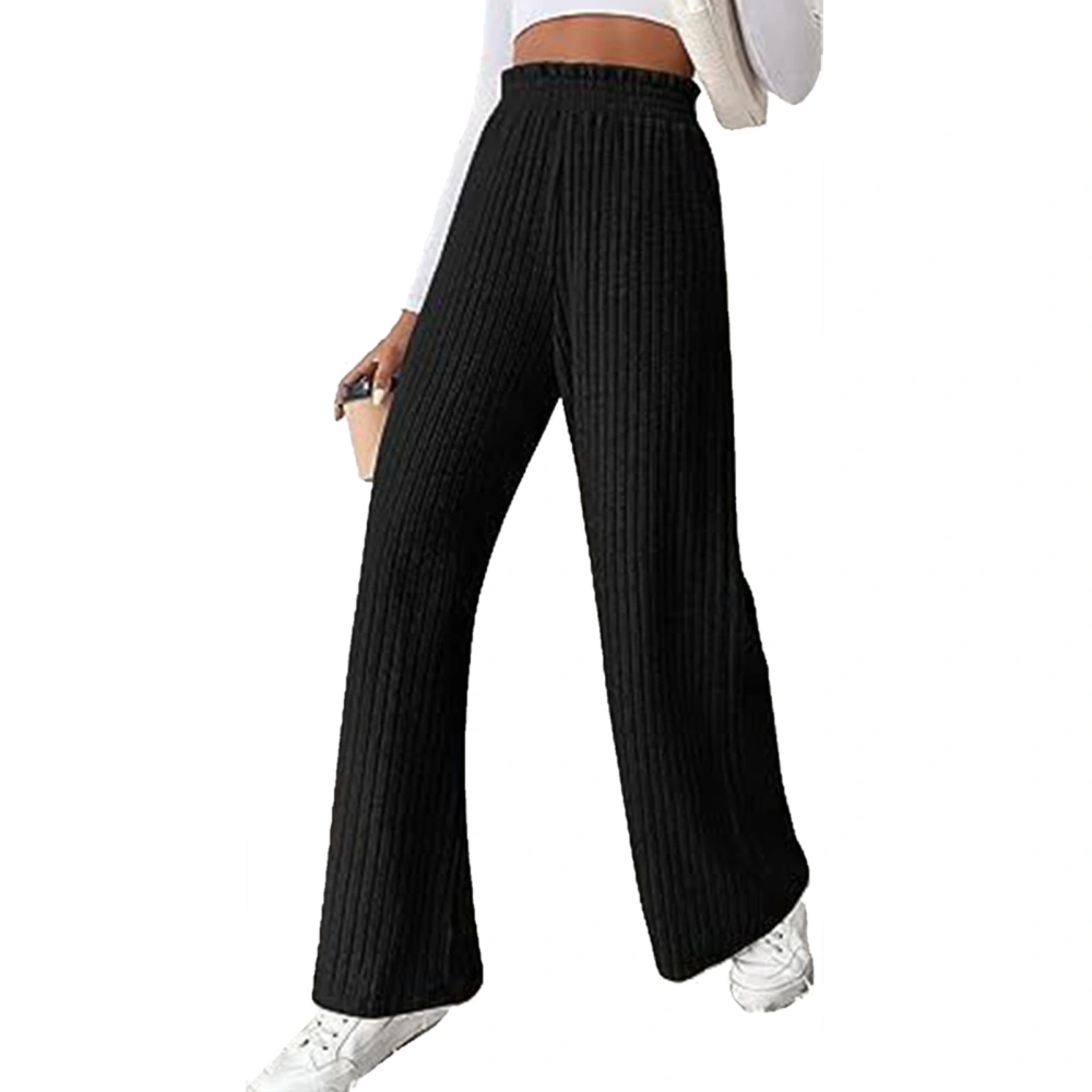 Women Wide Leg Rib Knit Pants Solid Loose Ribbed Knit Elastic Waist Pure Color All Match Casual Long Pants Black M