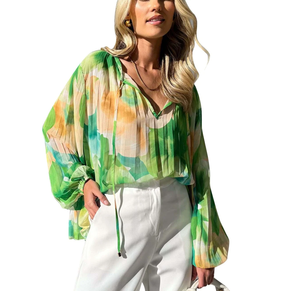 Women V Neck Printing Shirt Long Lantern Sleeves Tie Neck Casual Loose Fit Blouses Yellow Green S