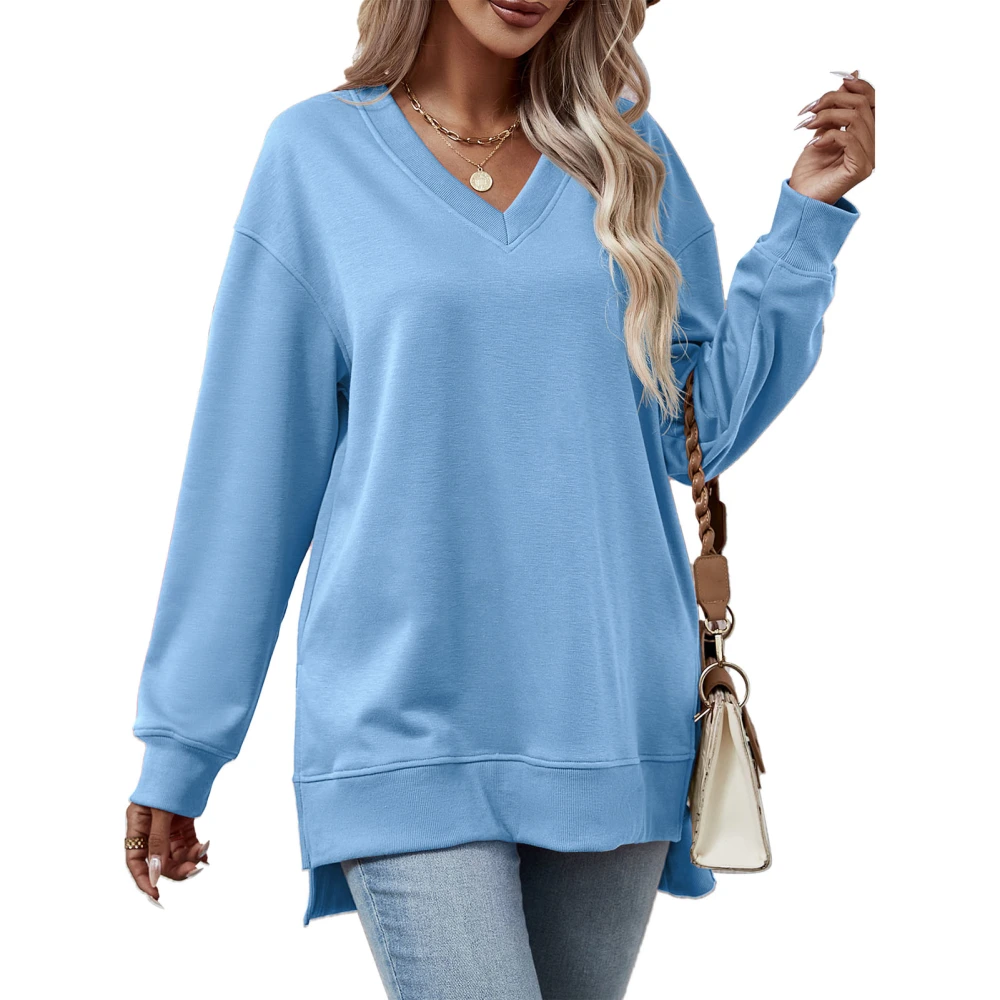 Women Long Sleeves Sweatshirt V Collar Loose Fitting Split Hem Pure Color Casual Pullover Top for Daily Wear Sky Blue XL