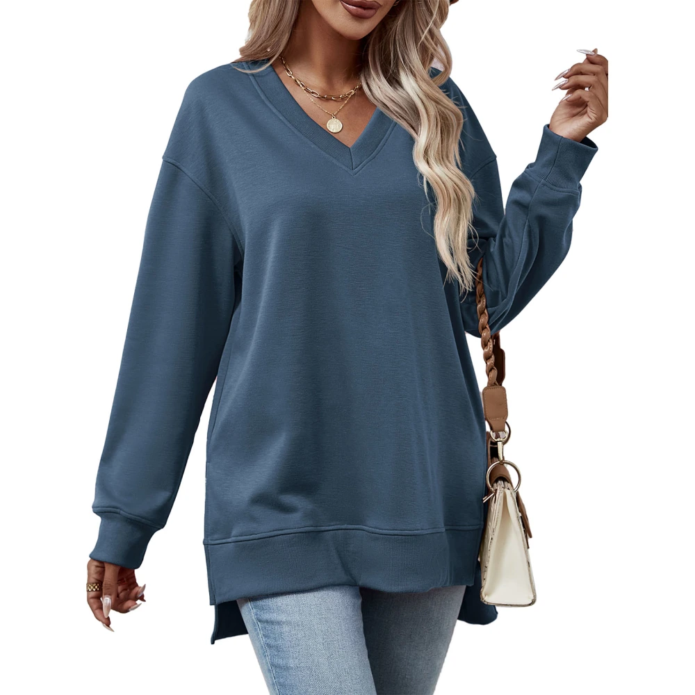 Women Long Sleeves Sweatshirt V Collar Loose Fitting Split Hem Pure Color Casual Pullover Top for Daily Wear Steelblue M