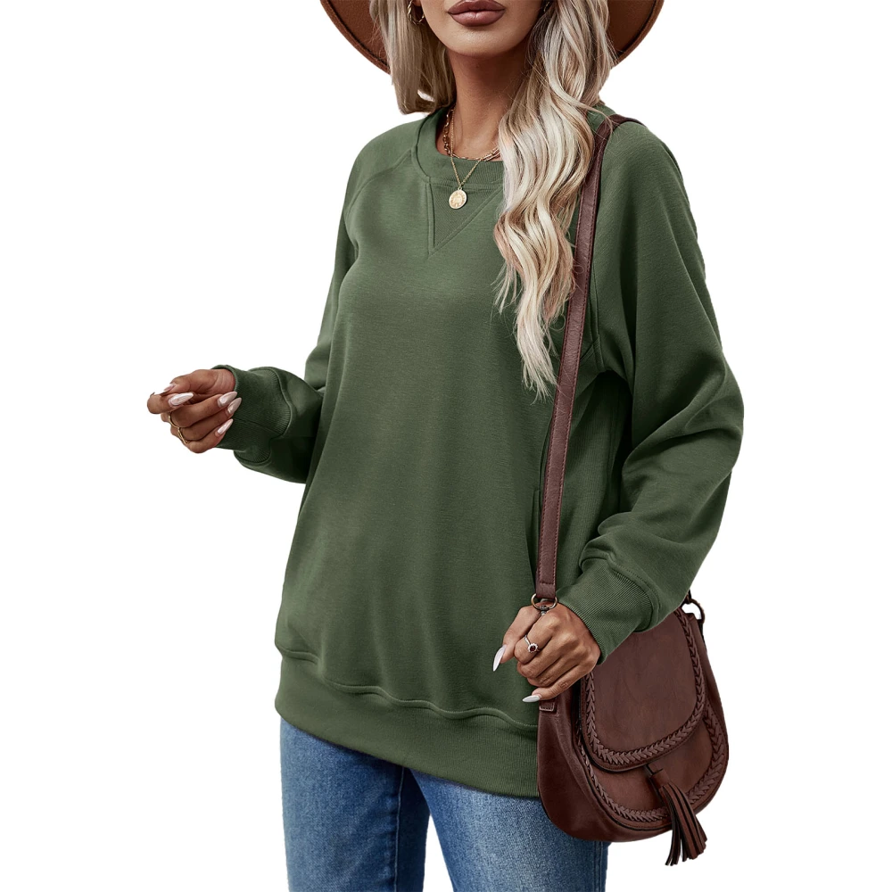 Women Long Sleeve Sweatshirt Crew Neck Loose Fit Pure Color Casual Pullover Sweatshirt Top Dark green M