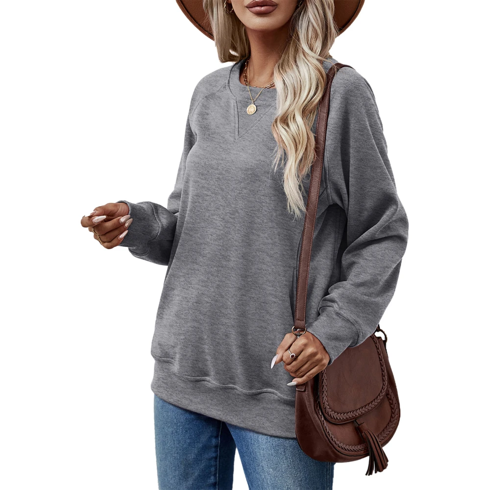 Women Long Sleeve Sweatshirt Crew Neck Loose Fit Pure Color Casual Pullover Sweatshirt Top Gray S