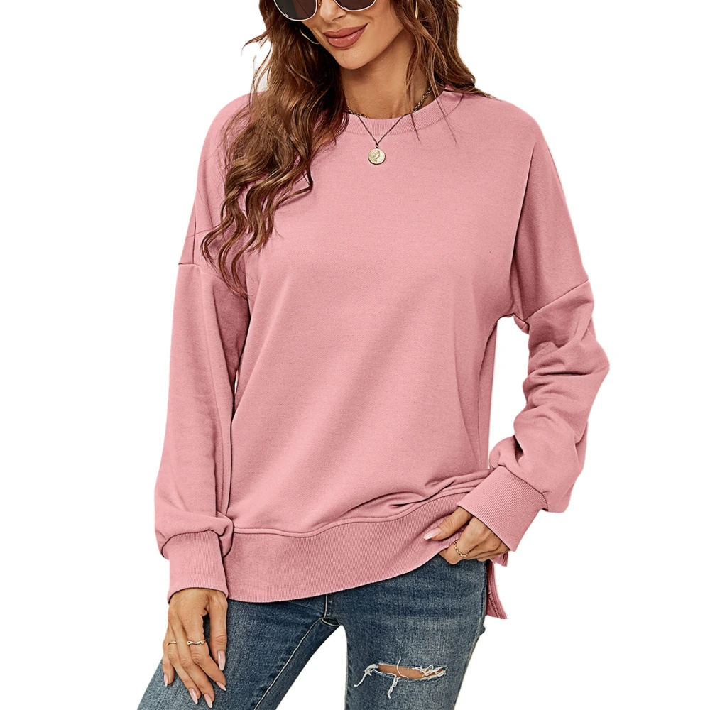 Women Long Sleeve Sweatshirt Round Neck Side Slit Loose Women Pullover Sweatshirt Top for Daily Travel Office Pink XL