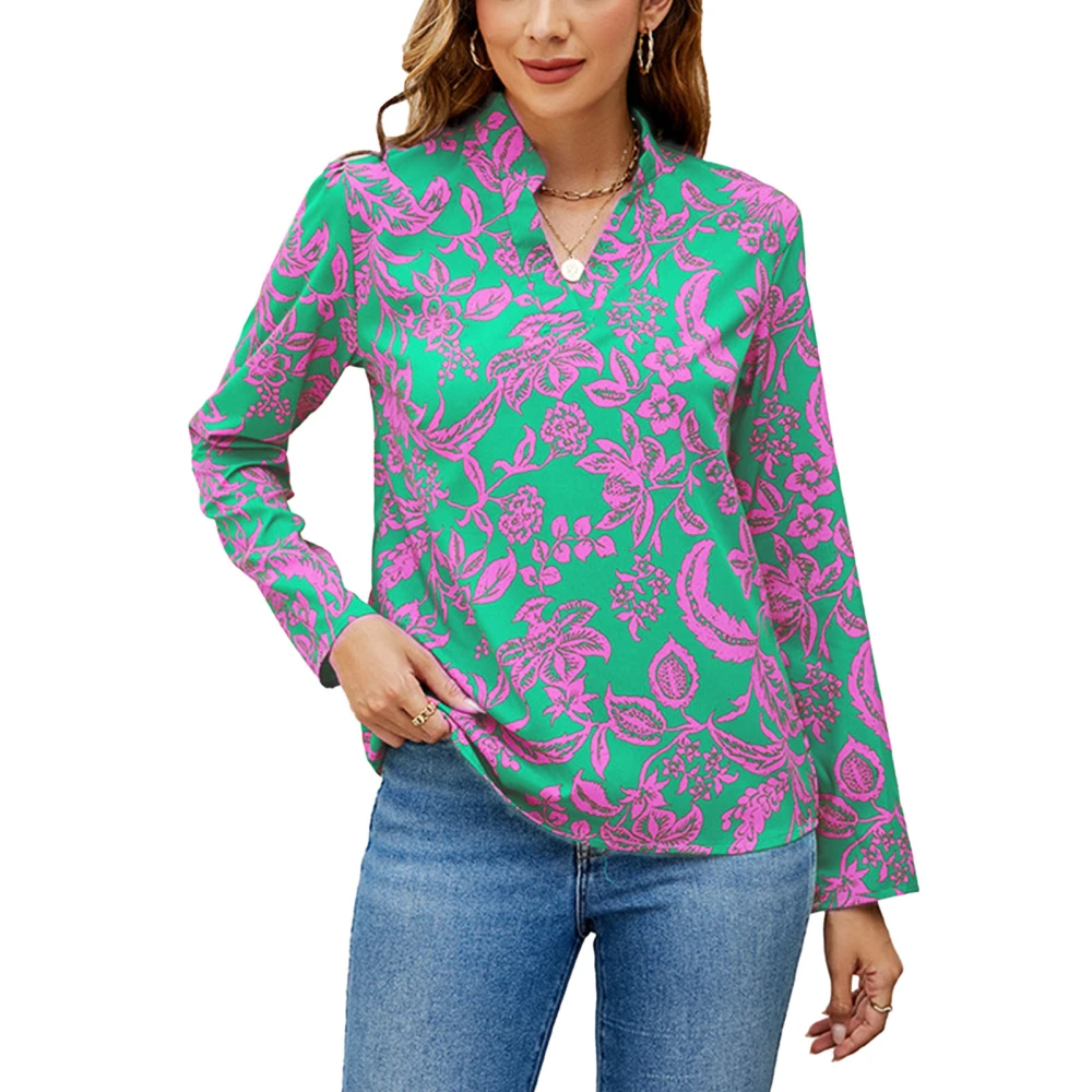 V Neckline Printed Blouse Fashionable Casual Fitted Long Sleeve Printed Blouse for Daily Life Green M