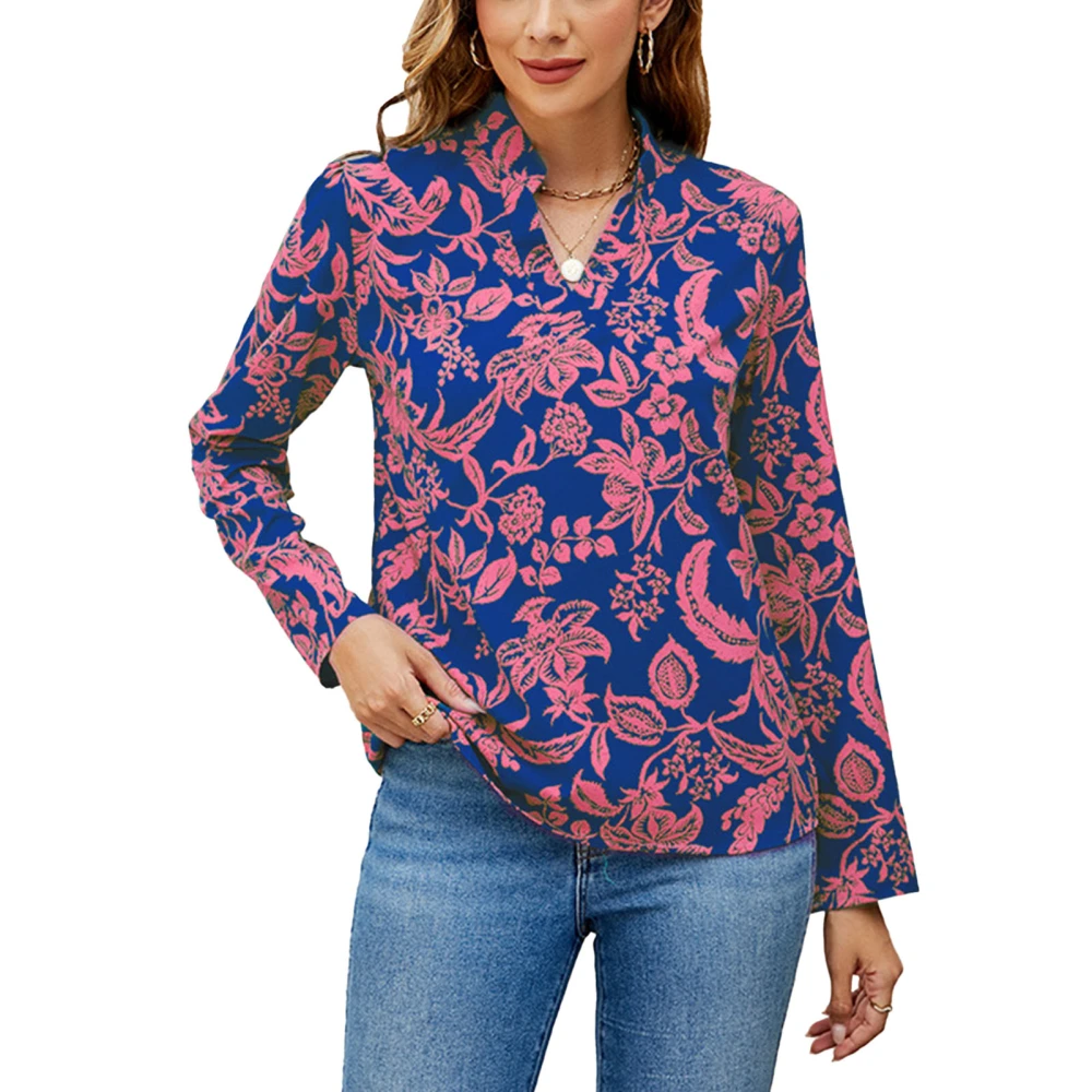 V Neckline Printed Blouse Fashionable Casual Fitted Long Sleeve Printed Blouse for Daily Life Blue XXL