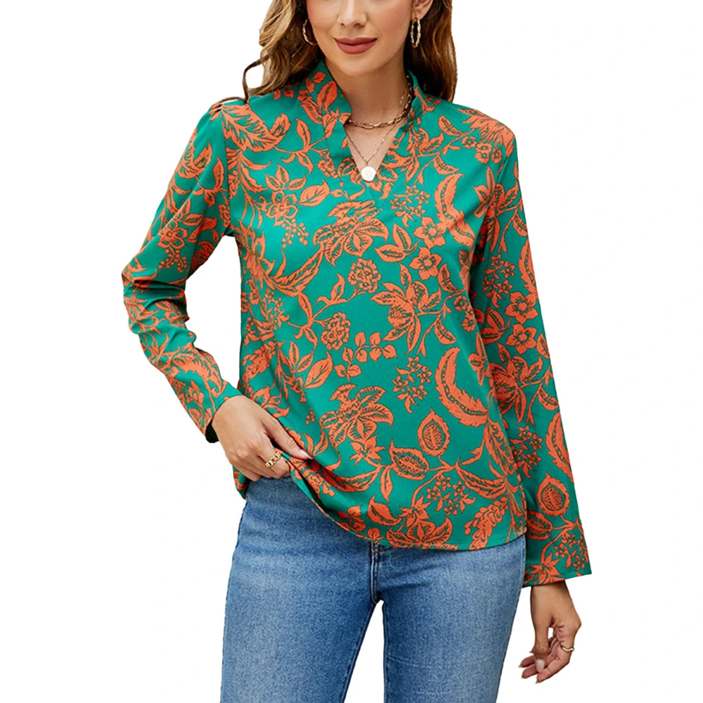 V Neckline Printed Blouse Fashionable Casual Fitted Long Sleeve Printed Blouse for Daily Life Dark Green XXL