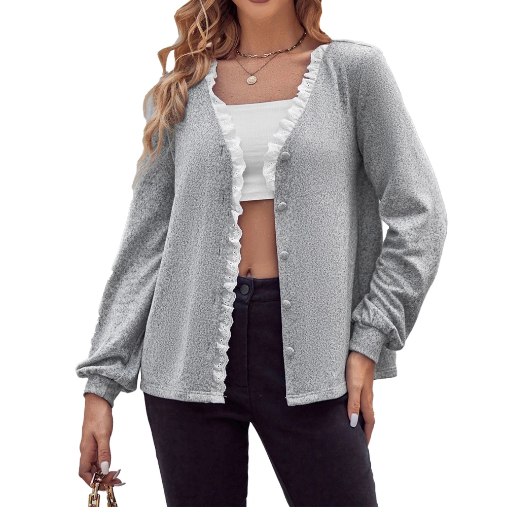 Women Knitted V Neck Top Lace Splicing Button Up Casual Long Sleeves Blouse for Daily Wear Flower Grey S