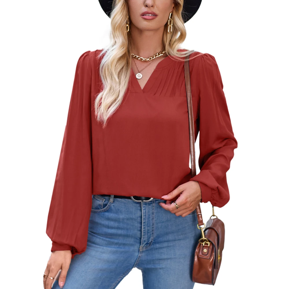 Women V Neck Pleated Blouse Loose Fit Lantern Long Sleeve Plain Color Casual Pullover Top Brownish Red M