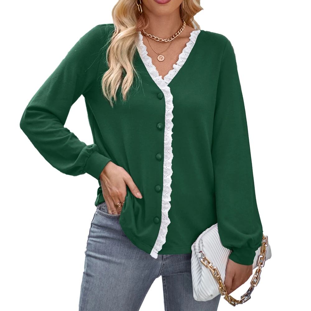 Women Knitted V Neck Top Lace Splicing Button Up Casual Long Sleeves Blouse for Daily Wear Dark Green L