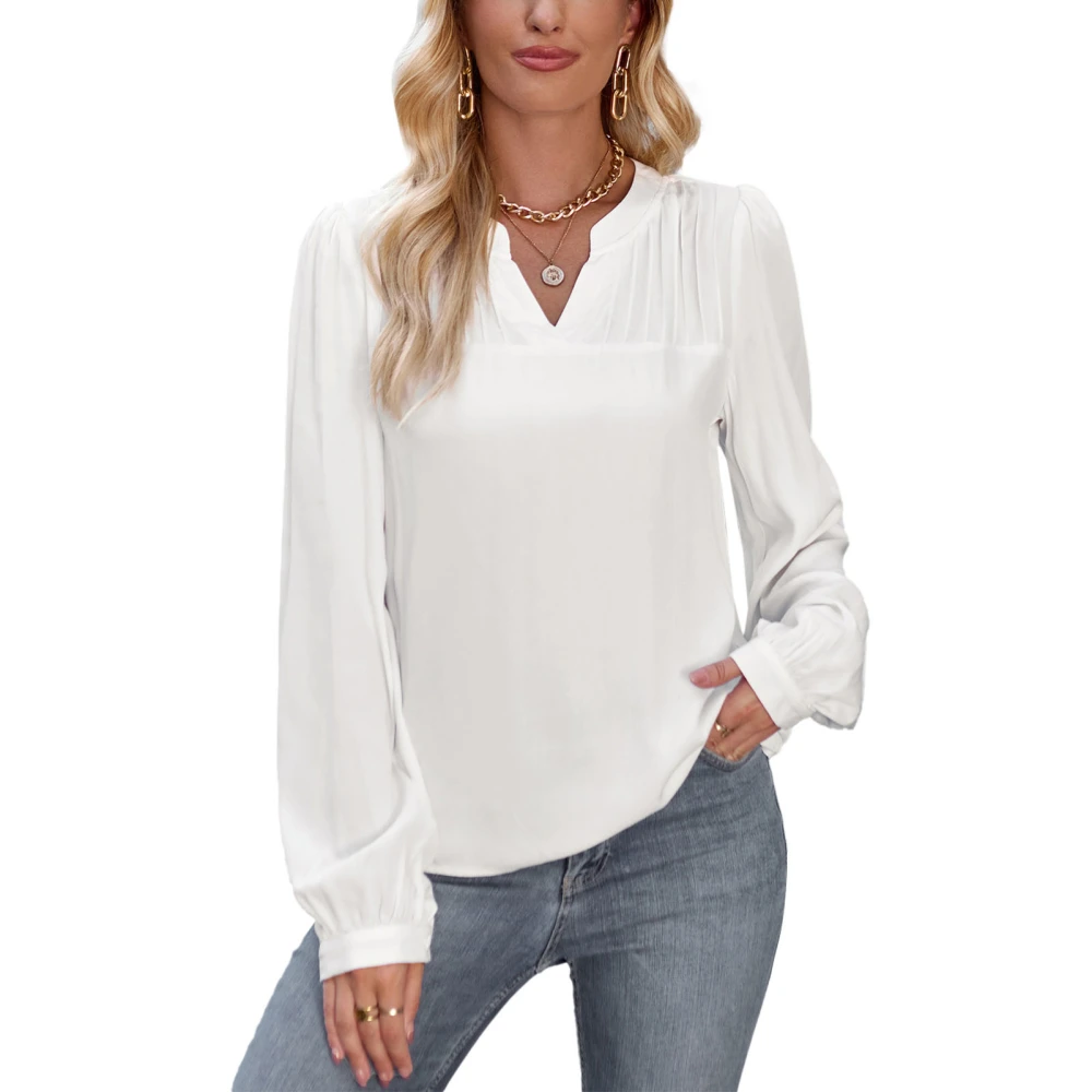 Women V Neck Pleated Blouse Loose Fit Lantern Long Sleeve Plain Color Casual Pullover Top White XL