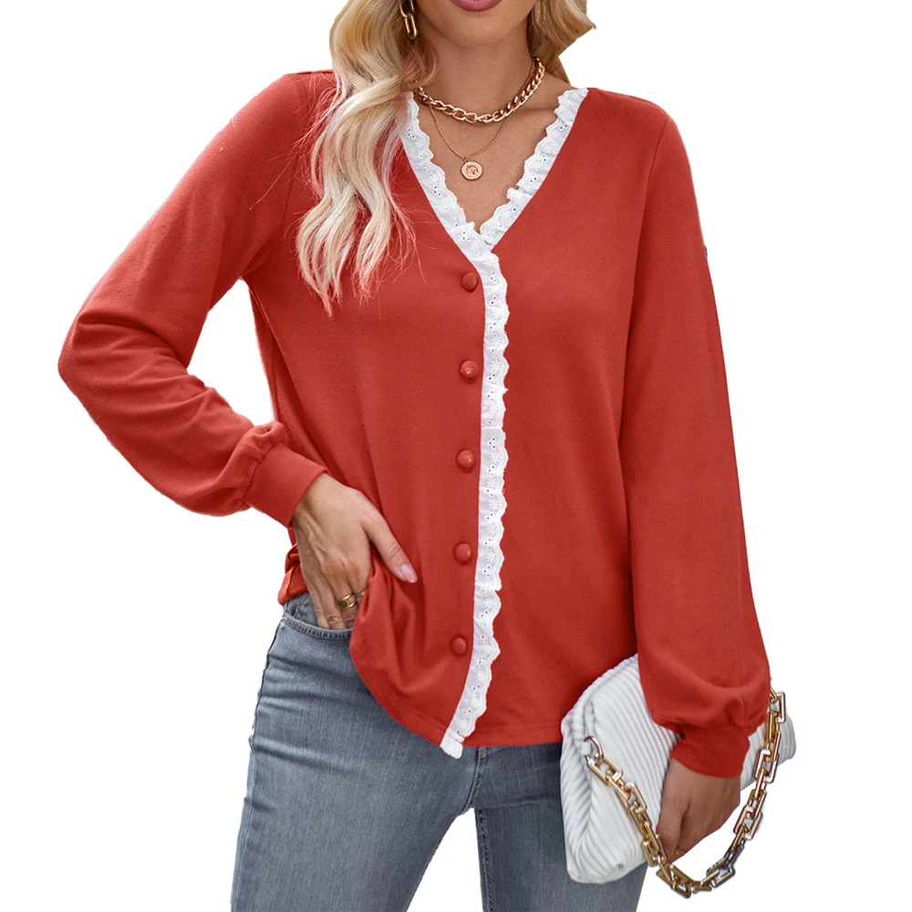 Women Knitted V Neck Top Lace Splicing Button Up Casual Long Sleeves Blouse for Daily Wear Brownish Red L