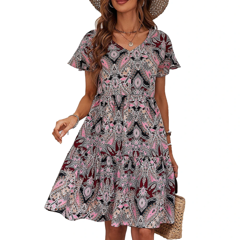 Women V Neck Flowy Dress Short Sleeve Floral Print Loose Fit Casual Ruffle Hem Dress Burgundy S