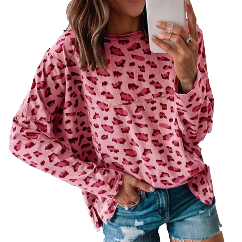 Woman Leopard Print Long Sleeve Top Fashionable Round Neck Blouse for Office Dating Work Night Outing Daily Shopping Pink XL