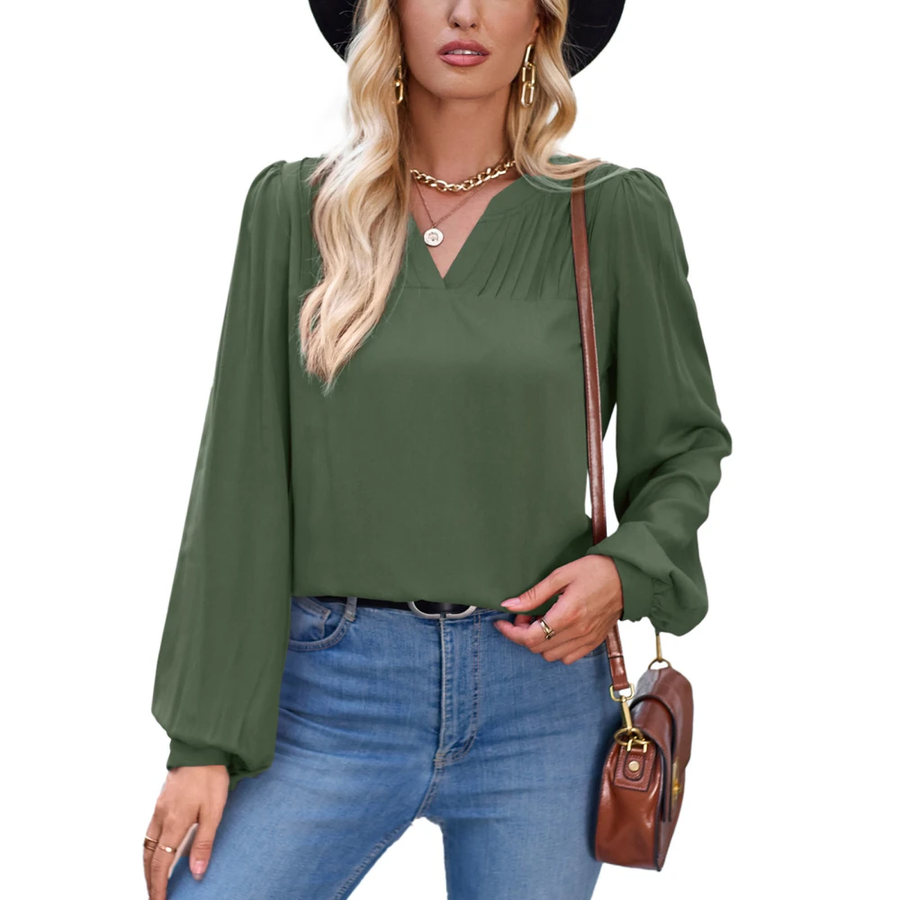 Women V Neck Pleated Blouse Loose Fit Lantern Long Sleeve Plain Color Casual Pullover Top OD Green XL