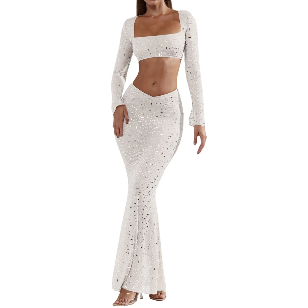 Women 2 Piece Maxi Long Skirt Shinning Sequin Embellished Long Sleeve Top Bodycon Maxi Skirt Top White XL