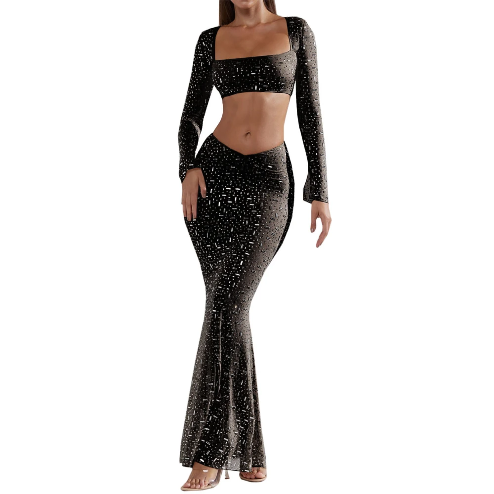 Women 2 Piece Maxi Long Skirt Shinning Sequin Embellished Long Sleeve Top Bodycon Maxi Skirt Top Black XL