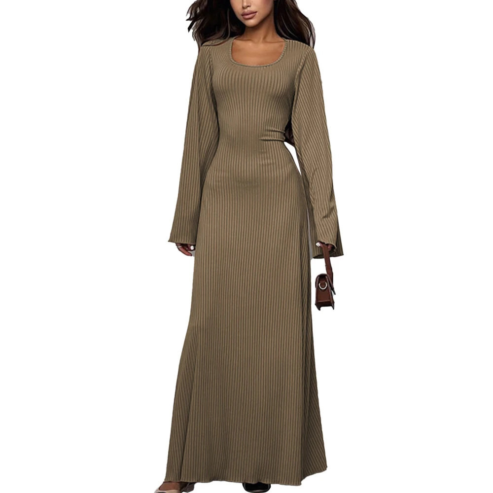 Long Sleeve Bodycon Dress U Neck Flare Sleeve Back Tie Slim Fitted Fashionable Pure Color Ribbed Lounge Bodycon Maxi Dress Khaki L