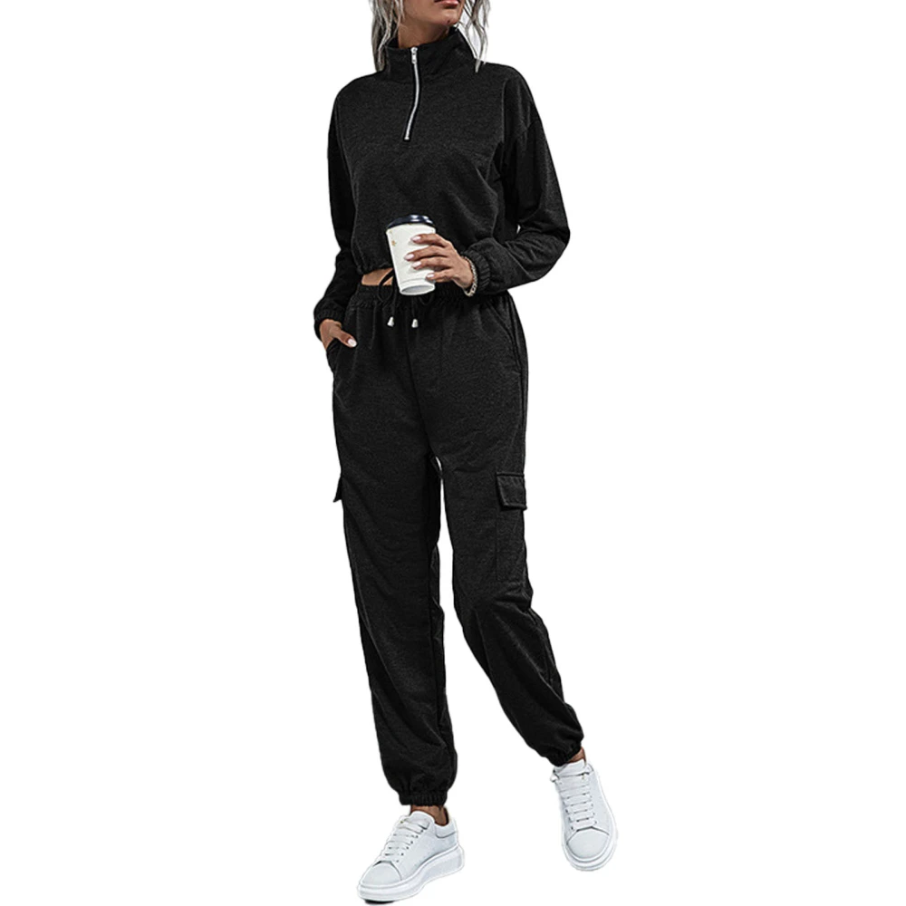 Women Sports Pants Set Stand Up Collar Pure Color Drawstring Casual Skin Friendly Breathable Long Sleeve Sweatshirt for Jogging Black L