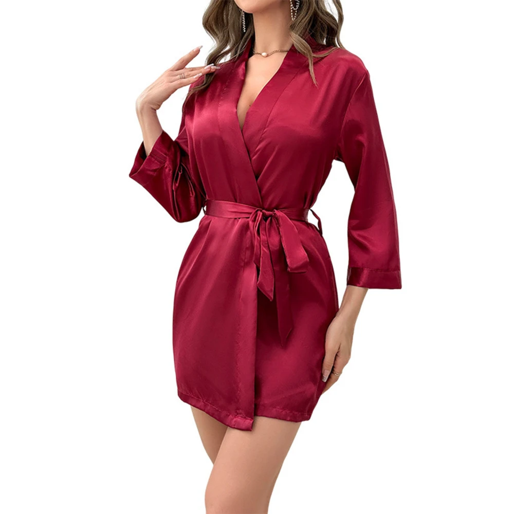 Bath Robes Short Belted Long Sleeves V Neck Comfortable Skin Friendly Soft Women Robes for Home Swimming Beach Red M