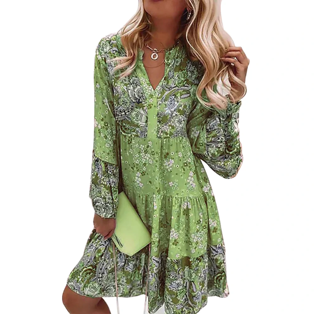 Women V Neck Floral Print Dress Ruffle Hem Long Sleeve Flowy Loose Fit Dress for Female Green 2XL