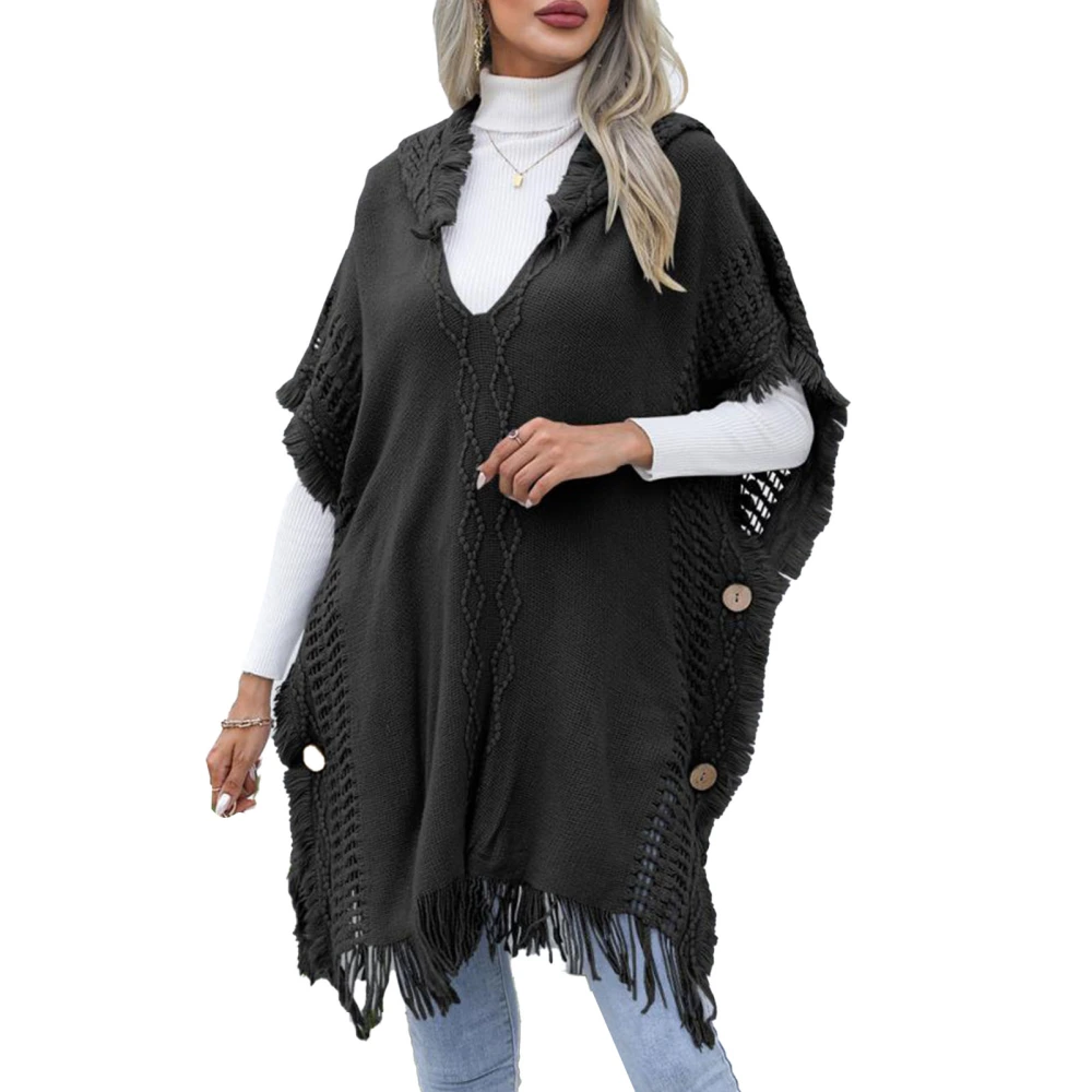 Tassel Cape V Neck Hooded Short Sleeves Exquisite Buttons Medium Length Style Casual Poncho Capes for Shopping Party Black Free Size