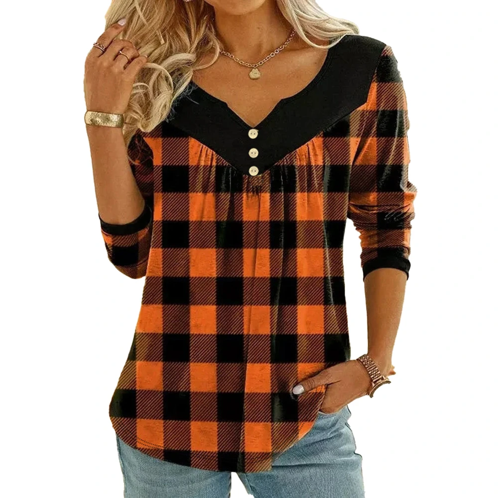 Women Plaid Blouse Top Long Sleeve Button Decoration Color Block V Neckline Plaid Blouse Orange S