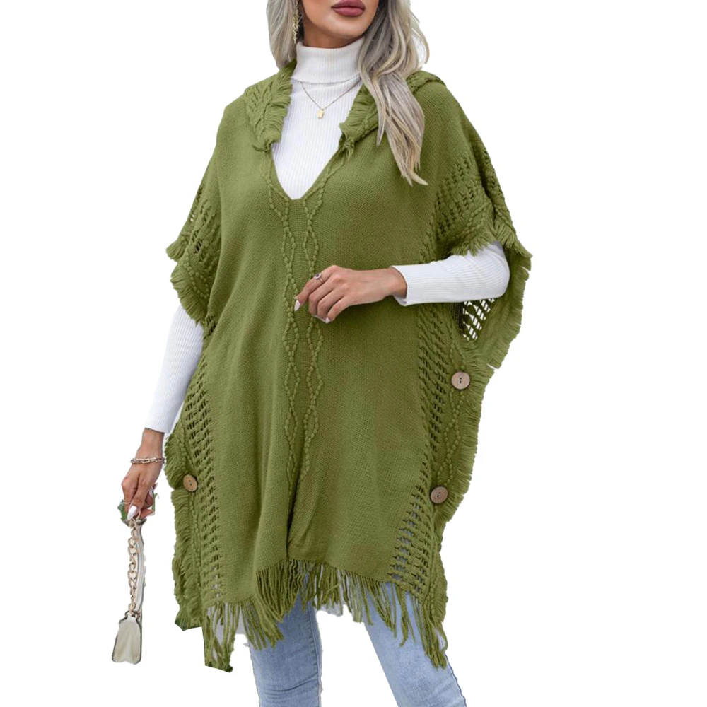 Tassel Cape V Neck Hooded Short Sleeves Exquisite Buttons Medium Length Style Casual Poncho Capes for Shopping Party OD Green Free Size