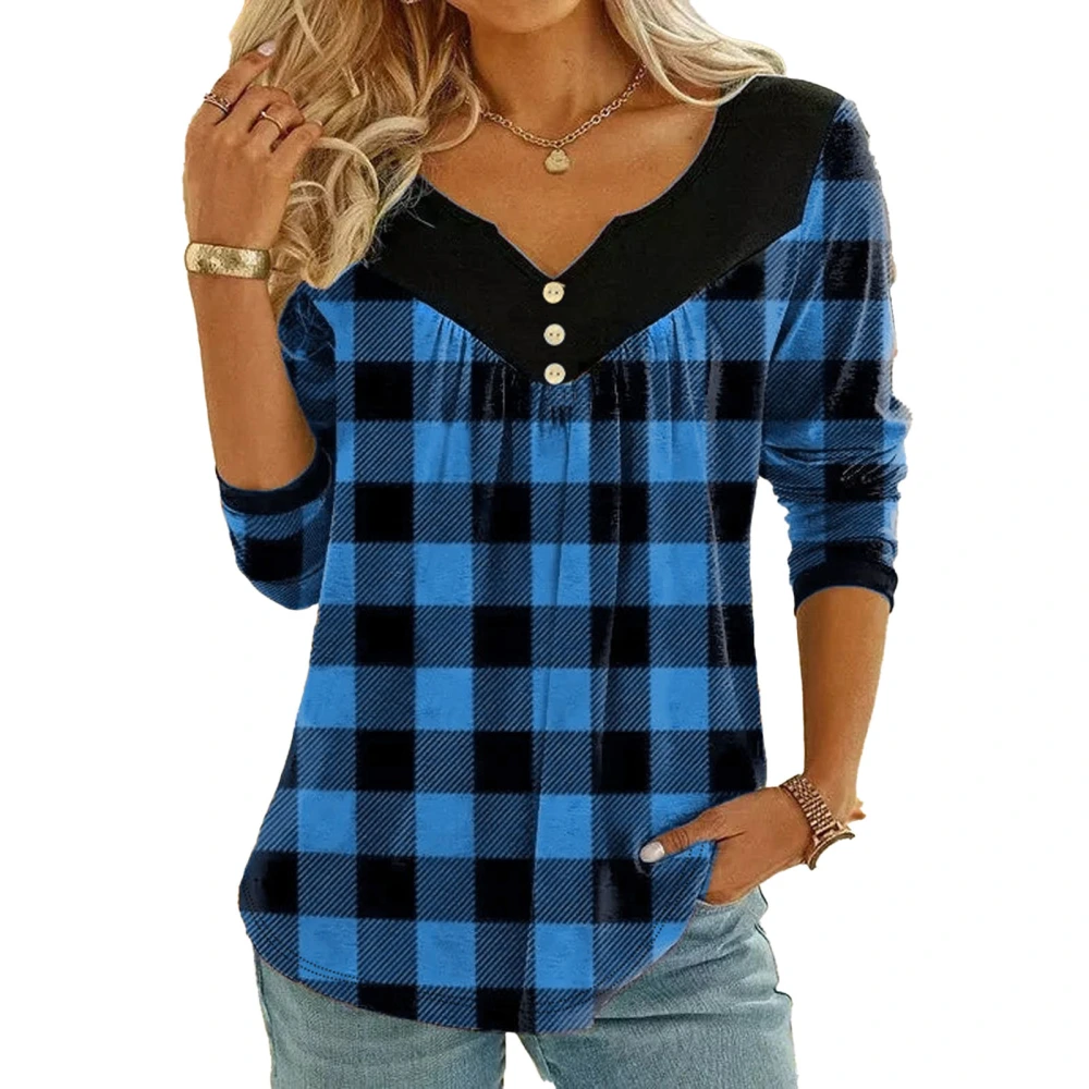 Women Plaid Blouse Top Long Sleeve Button Decoration Color Block V Neckline Plaid Blouse Blue S