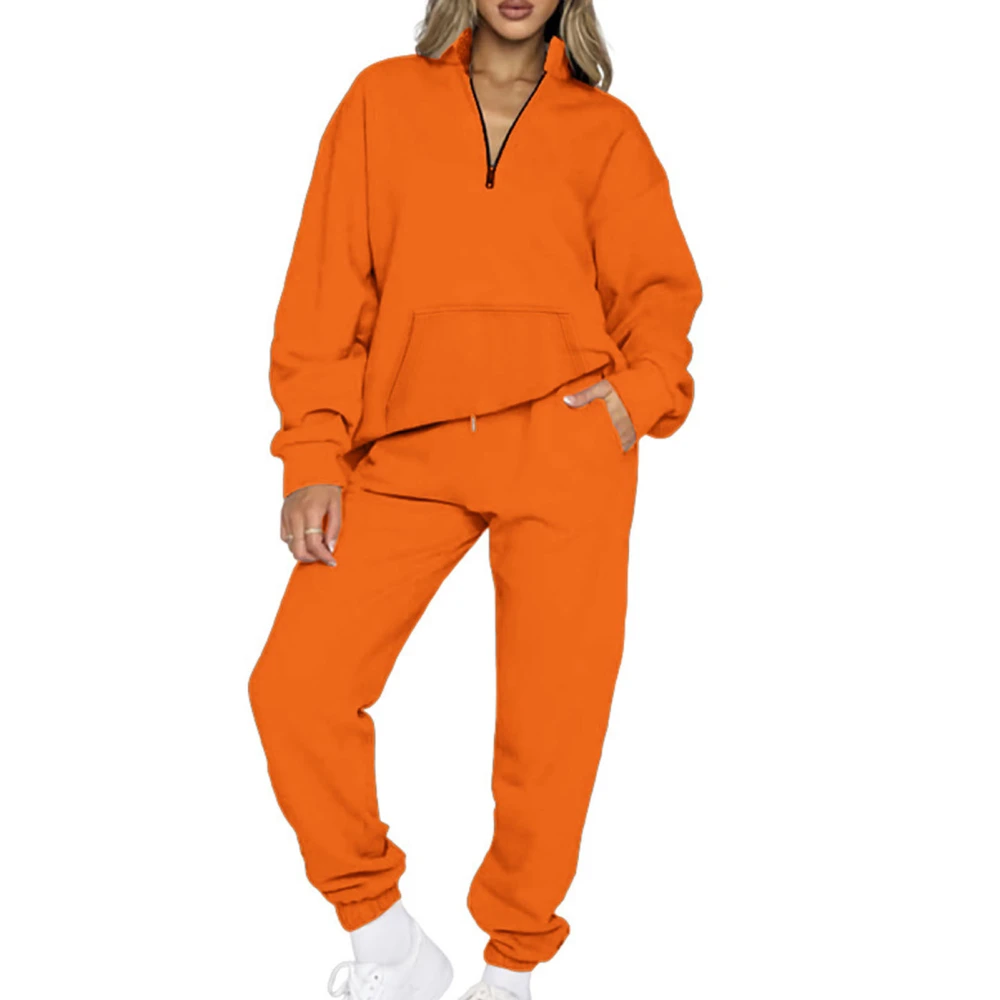 Women Pockets Solid Sweatsuit Set Half Zip V Neck Long Sleeve Top Elastic Long Pants Pure Color Pullover Sweatshirt Outfits Set Orange 2XL