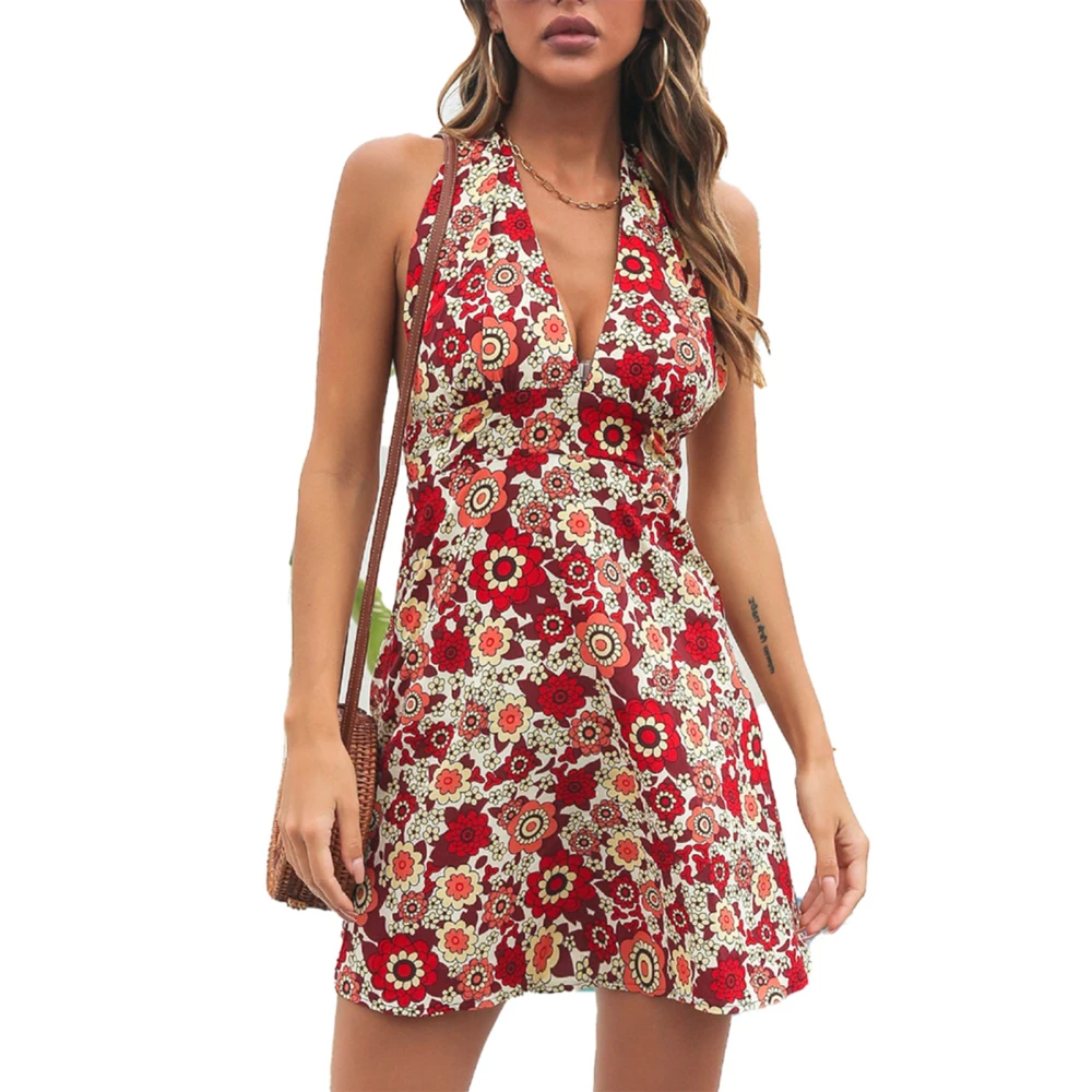 Halter Neck Short Dress Sleeveless Cinched Waist Printed V Neckline Short Dress for Women Date Red Flower L