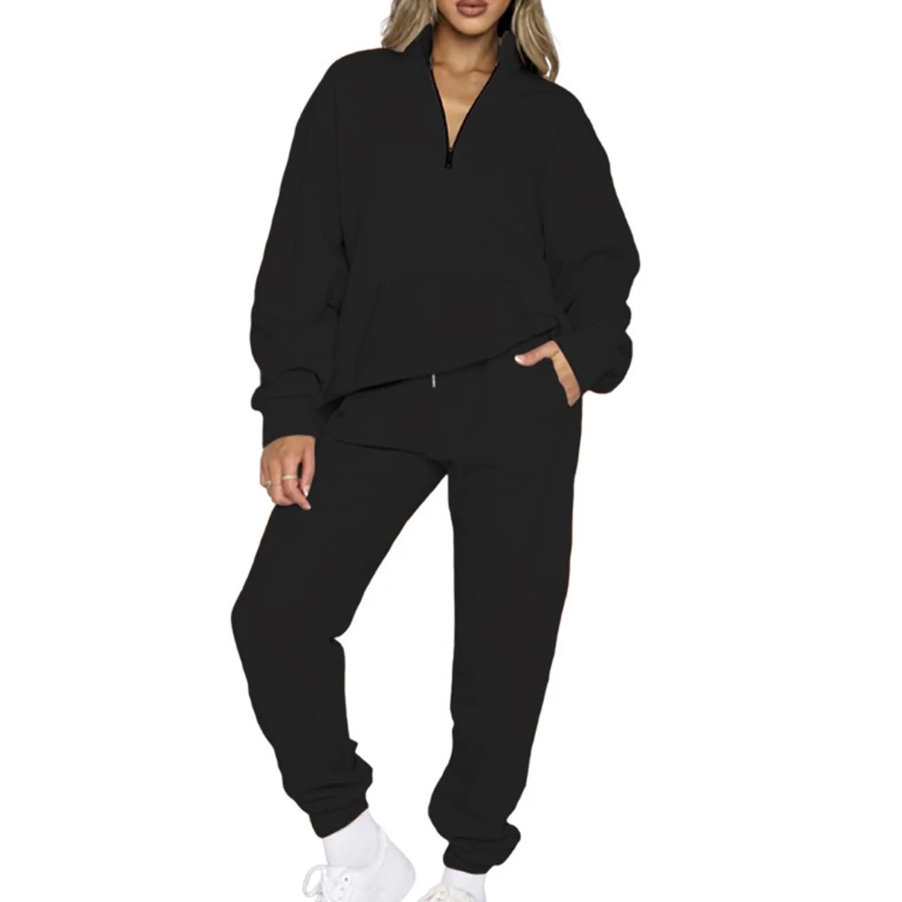 Women Pockets Solid Sweatsuit Set Half Zip V Neck Long Sleeve Top Elastic Long Pants Pure Color Pullover Sweatshirt Outfits Set Black 2XL