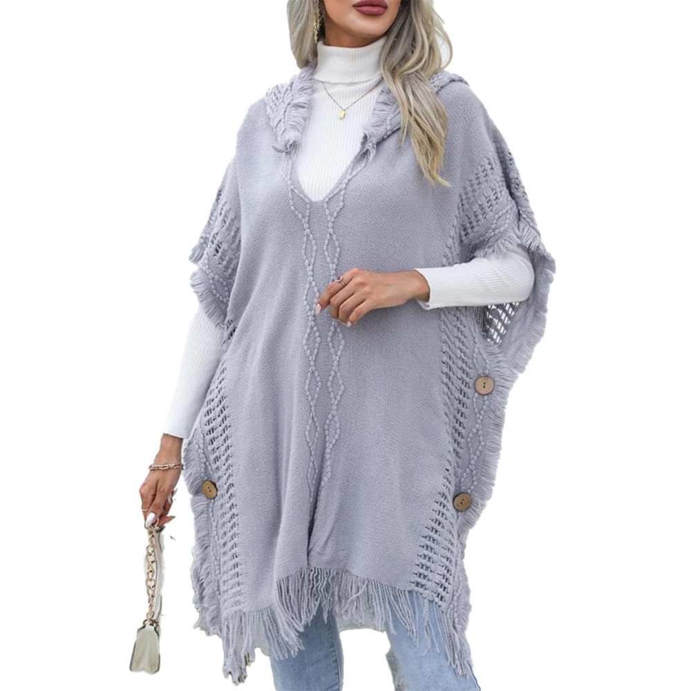 Tassel Cape V Neck Hooded Short Sleeves Exquisite Buttons Medium Length Style Casual Poncho Capes for Shopping Party Grey Free Size