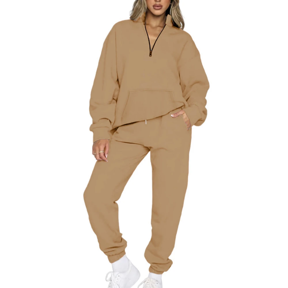 Women Pockets Solid Sweatsuit Set Half Zip V Neck Long Sleeve Top Elastic Long Pants Pure Color Pullover Sweatshirt Outfits Set Khaki XL