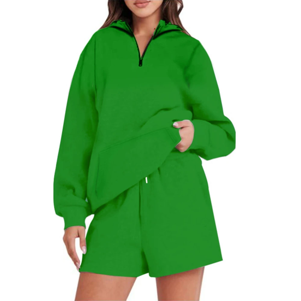 Women Hoodie Set Plain Pockets Long Sleeve Short Pants Casual Comfortable 2 Pieces Sweatshirt Outfits for Daily Work Green L