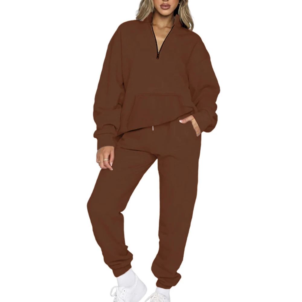 Women Pockets Solid Sweatsuit Set Half Zip V Neck Long Sleeve Top Elastic Long Pants Pure Color Pullover Sweatshirt Outfits Set Coffee S