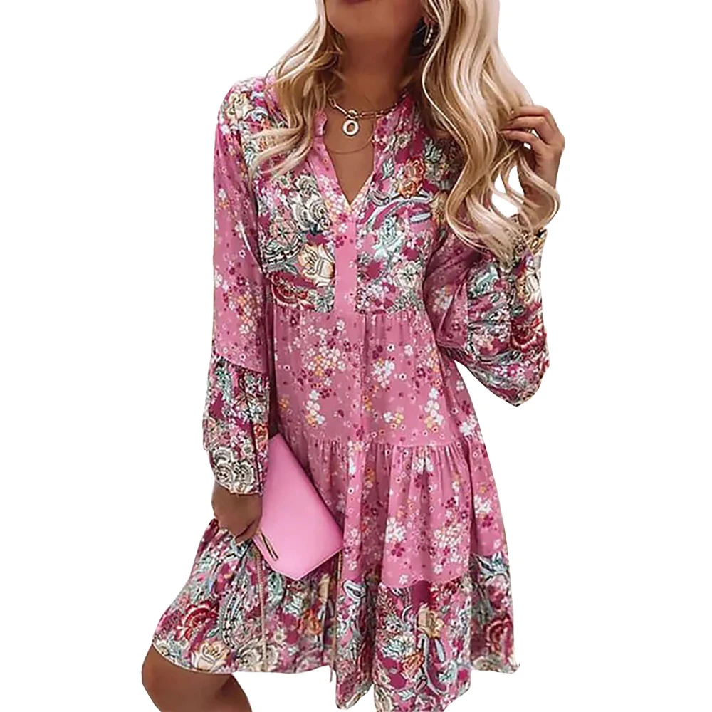 Women V Neck Floral Print Dress Ruffle Hem Long Sleeve Flowy Loose Fit Dress for Female Pink S