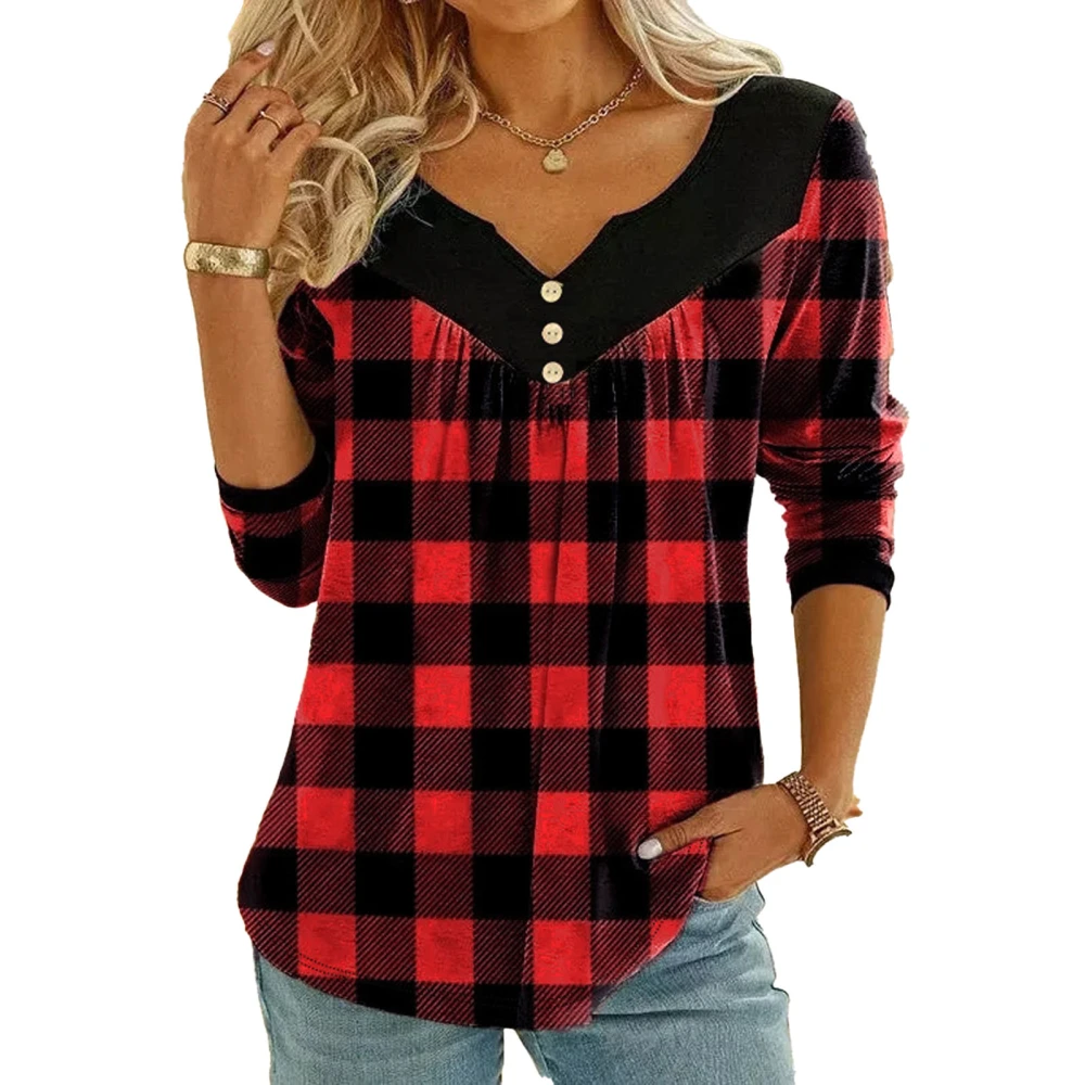 Women Plaid Blouse Top Long Sleeve Button Decoration Color Block V Neckline Plaid Blouse Red XL