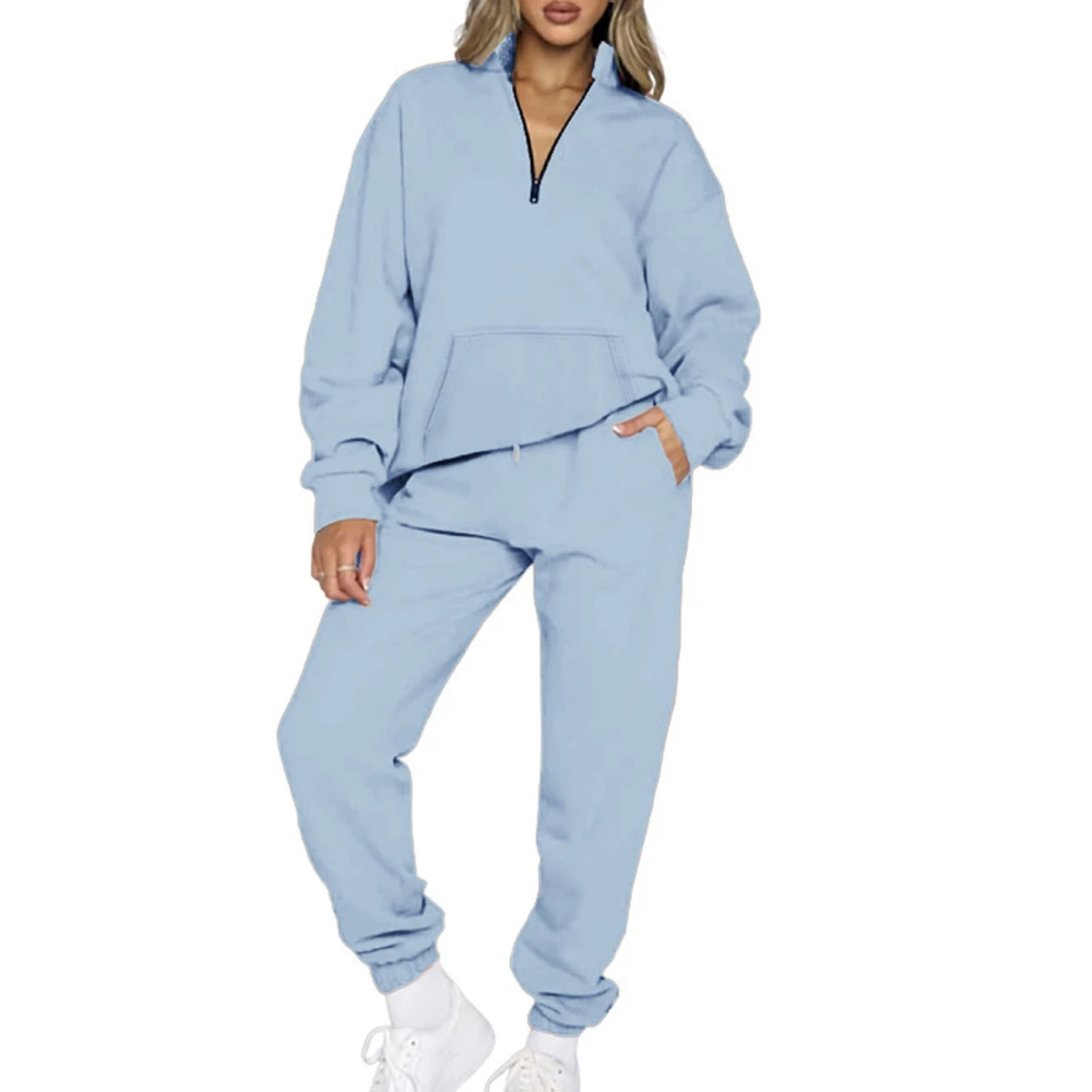 Women Pockets Solid Sweatsuit Set Half Zip V Neck Long Sleeve Top Elastic Long Pants Pure Color Pullover Sweatshirt Outfits Set Light Blue 2XL