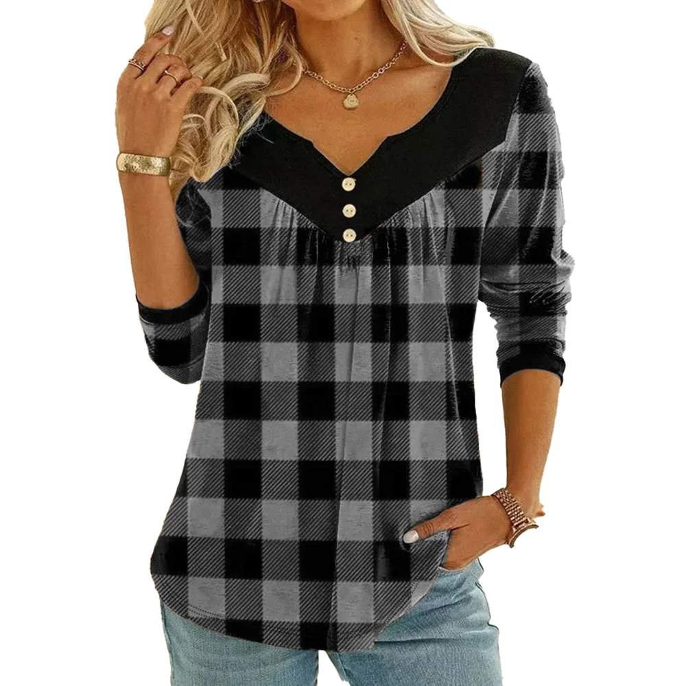 Women Plaid Blouse Top Long Sleeve Button Decoration Color Block V Neckline Plaid Blouse Grey M