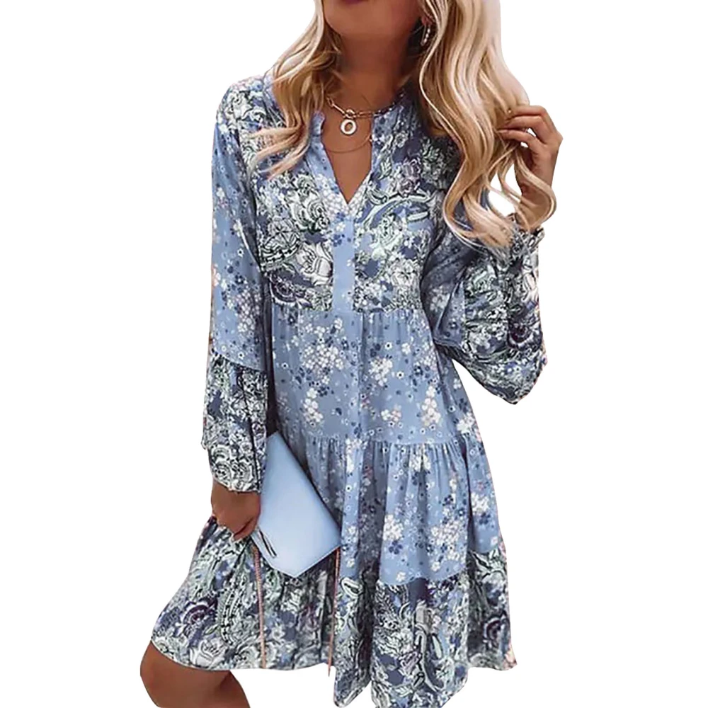 Women V Neck Floral Print Dress Ruffle Hem Long Sleeve Flowy Loose Fit Dress for Female Light Blue 2XL