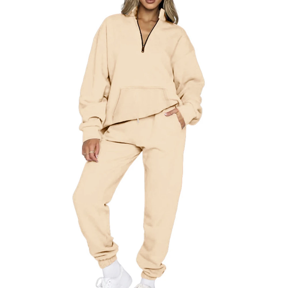 Women Pockets Solid Sweatsuit Set Half Zip V Neck Long Sleeve Top Elastic Long Pants Pure Color Pullover Sweatshirt Outfits Set Beige Apricot S