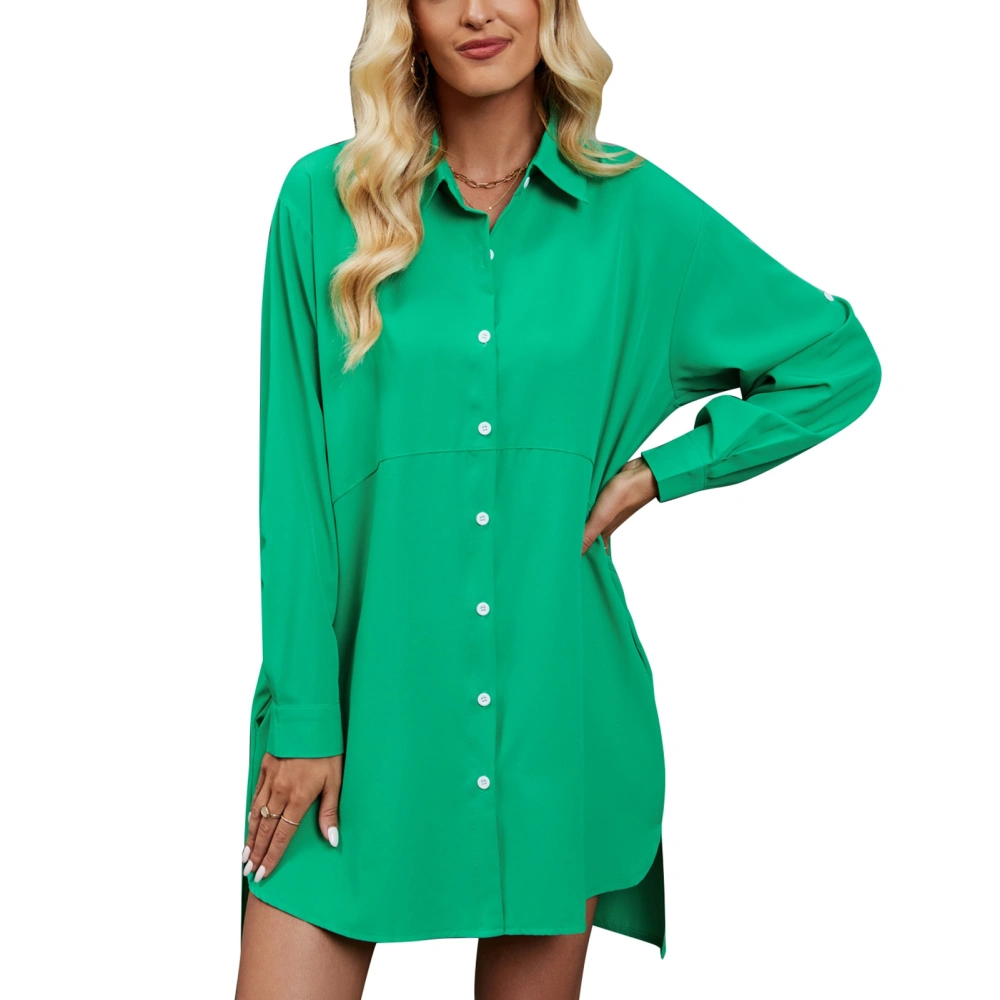 Woman Button Down Long Sleeve Solid Color Shirts Collared V Neck Casual Loose Fit Long Sleeve Shirt for Office Dating Job Green S