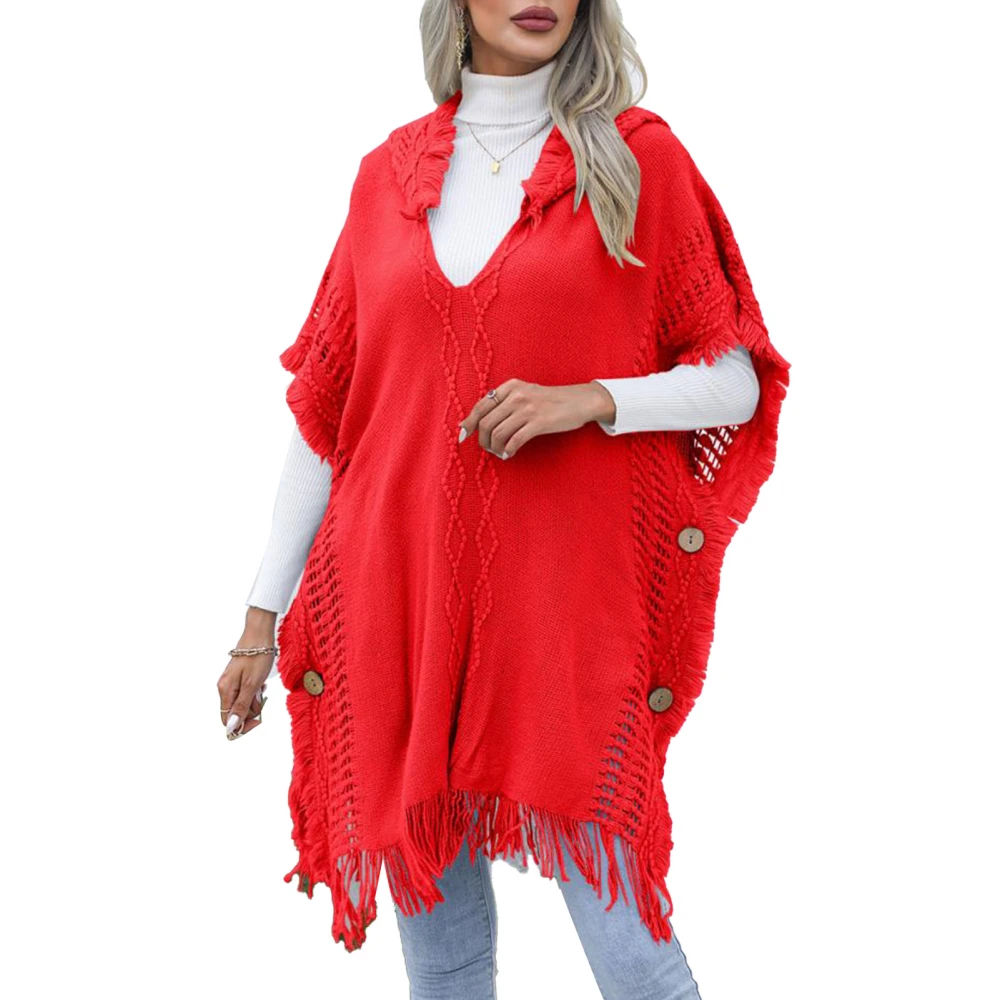 Tassel Cape V Neck Hooded Short Sleeves Exquisite Buttons Medium Length Style Casual Poncho Capes for Shopping Party Red Free Size