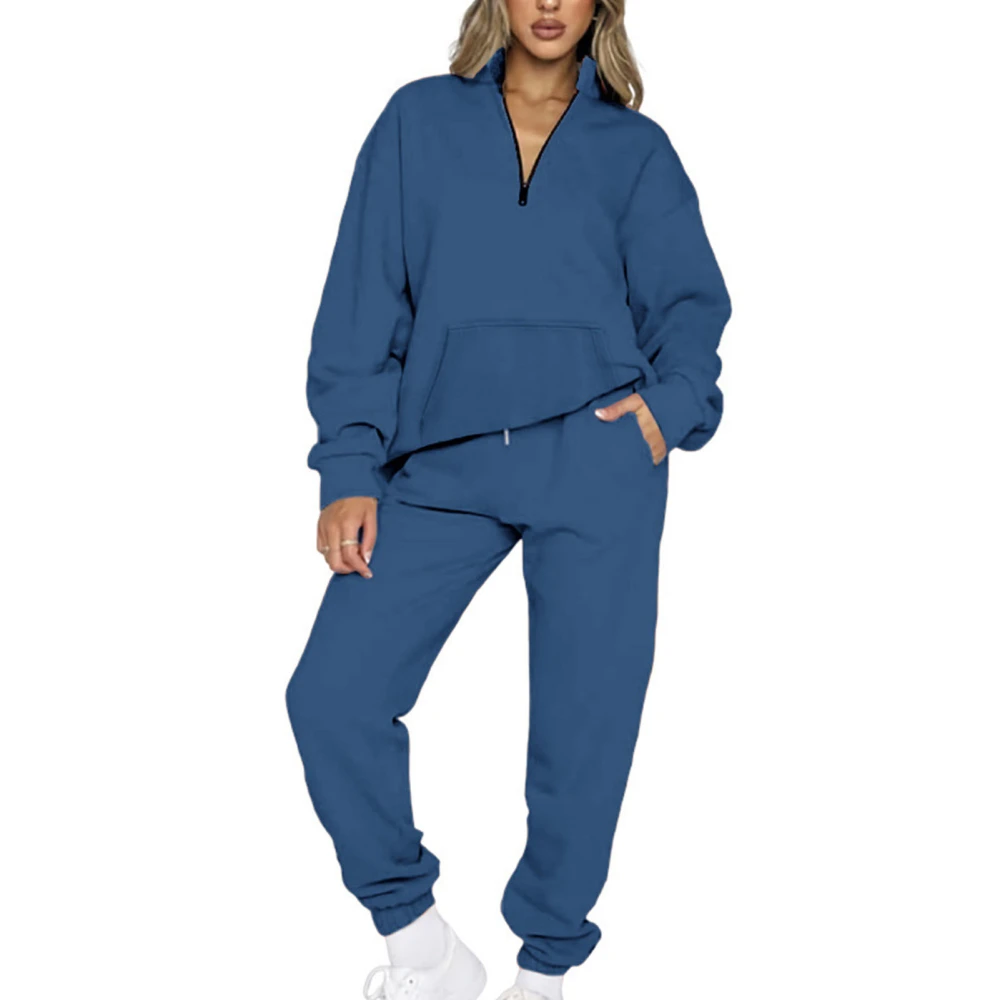 Women Pockets Solid Sweatsuit Set Half Zip V Neck Long Sleeve Top Elastic Long Pants Pure Color Pullover Sweatshirt Outfits Set Blue XL