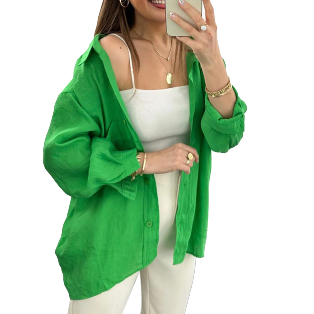 Women Long Sleeve Button Up Shirt Turn Down Collar Plain Color Casual Loose Fit Button Top Green 2XL