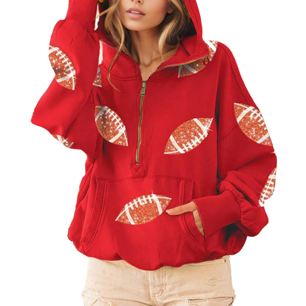 Women Half Zip Sequin Sweatshirt with Pocket Hooded Football Sequin Ribbed Long Sleeve Casual Pullover Sweatshirt Red M