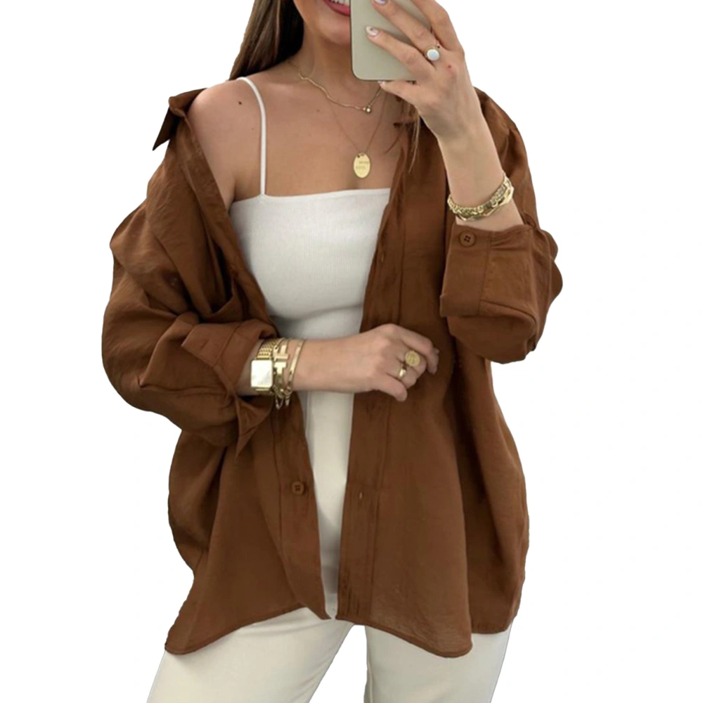 Women Long Sleeve Button Up Shirt Turn Down Collar Plain Color Casual Loose Fit Button Top Coffee M