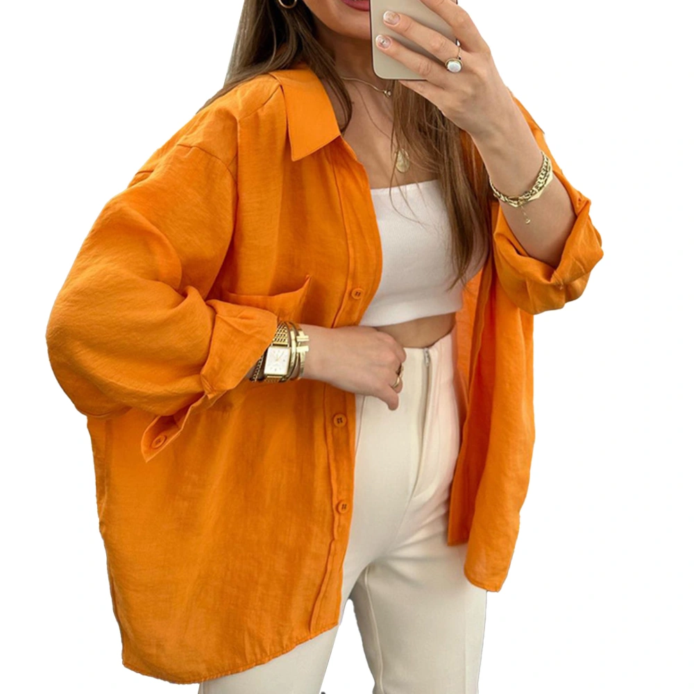 Women Long Sleeve Button Up Shirt Turn Down Collar Plain Color Casual Loose Fit Button Top Orange M